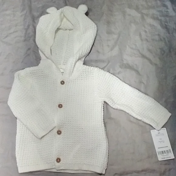 Carter's 100% Cotton Knitted White Hooded Jacket Sweater Cardigan Unisex - Picture 1 of 7